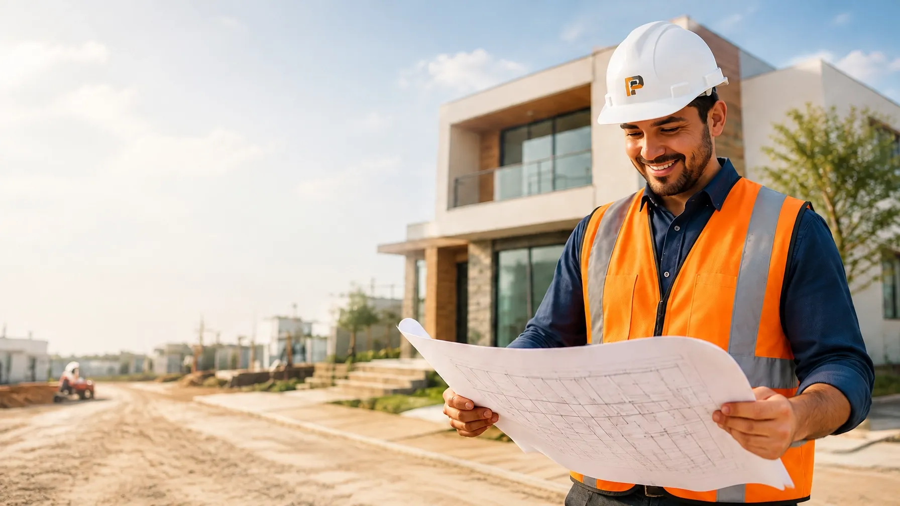 Ingeniero civil revisando planos frente a una casa moderna en construcción